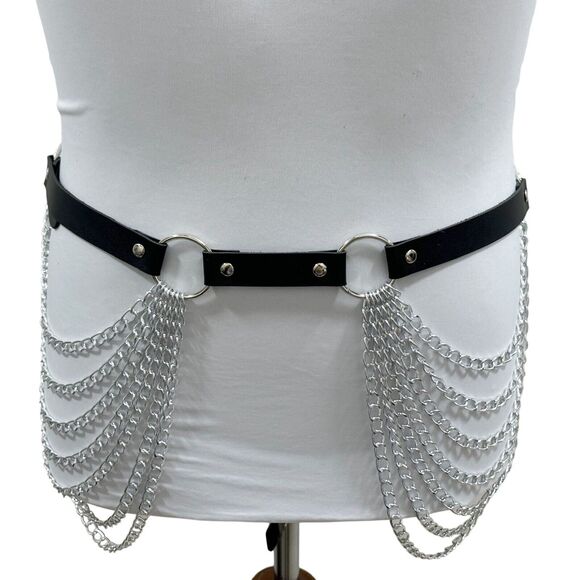 Black Faux Leather Draped Chain Belt Goth Punk Alternative One Size (OS) ✨ - Picture 11 of 12